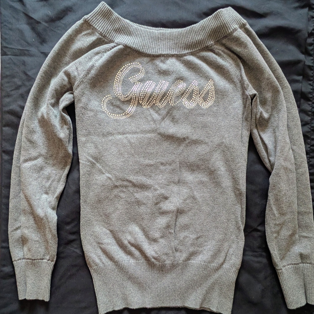 Guess Women's Off-Shoulder Gray Sweater with Rhinestone Logo